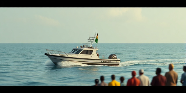 Una patrullera en el mar, con una bandera de Senegal ondeando en la popa, mientras un grupo de personas observan desde la costa