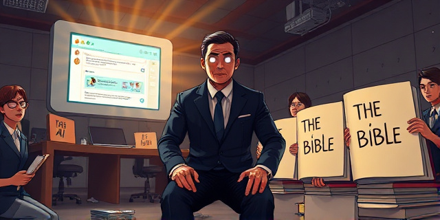 Una ilustración satírica de un jefe de oficina con ojos brillantes y vacíos, arrodillado frente a un monitor de computadora que emite una luz divina. El monitor muestra un chat de IA. Alrededor, empleados confundidos sostienen libros gigantes titulados 