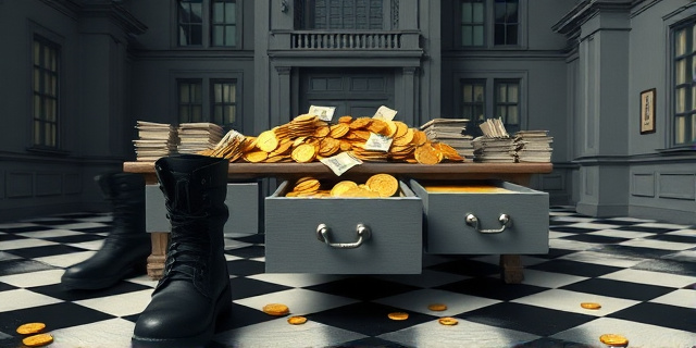 Una ilustración conceptual y satírica de un edificio municipal antiguo y gris donde, en lugar de archivos, los cajones de los escritorios desbordan monedas de oro y papeles con sellos oficiales rotos. Al fondo, unas botas de policía negras caminan sobre un suelo de baldosas blancas y negras, creando un contraste dramático. Estilo editorial de revista política, colores sobrios con toques de amarillo brillante en el dinero.