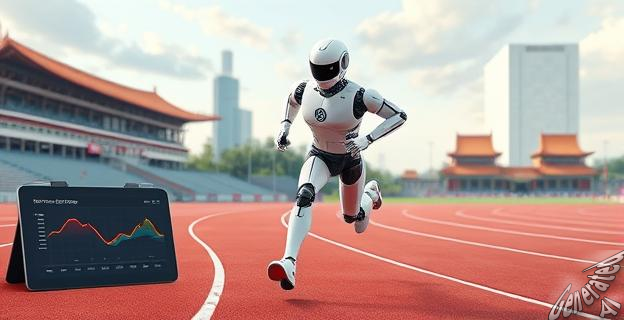Ilustración de un robot humanoide corriendo en una pista de atletismo con un fondo de la ciudad de Beijing, mostrando una tableta con gráficos de velocidad en la esquina inferior izquierda.