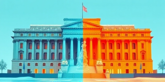 Una ilustración satírica de un edificio gubernamental imponente dividido horizontalmente. La parte inferior es de un color naranja ardiente, con personas exhaustas y sudando en oficinas minimalistas. La parte superior es de un azul gélido y refrescante, con figuras elegantes y relajadas bebiendo agua fría en despachos lujosos. Estilo editorial de revista política, colores contrastados, metáfora visual de la desigualdad térmica.
