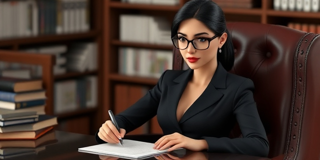 Una mujer con un traje negro y gafas de lectura, sentada en una silla de cuero, con un fondo de libros y documentos. En la mesa, un bolígrafo y un papel con una firma.