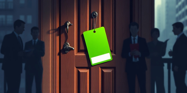 Una ilustración satírica de una puerta de apartamento urbana con un cartel verde fluorescente colgado del pomo. En el fondo, siluetas borrosas de personas con carpetas analizando la puerta. Estilo editorial de revista, colores contrastados, atmósfera de ironía urbana.