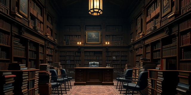 Una biblioteca antigua con un escritorio lujoso en medio. Libros apilados desordenadamente, pero con un aura de misterio y burocracia. Luz tenue, con sombras que sugieren secretos a medias. Estilo pictórico barroco, con colores oscuros y contrastes dramáticos. Sin rostros visibles.