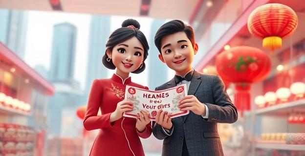 Una pareja china recién casada recibiendo vales de descuento en una tienda de artículos de boda, con un fondo de una ciudad china moderna.
