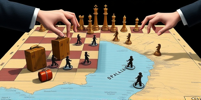 Una ilustración conceptual y satírica. Un tablero de ajedrez gigante situado sobre un mapa geográfico de Ceuta y el Estrecho de Gibraltar. En lugar de piezas de ajedrez, hay maletas pequeñas y figuras humanas esquemáticas que representan niños. De un lado, una mano con un traje diplomático mueve las piezas; del otro, otra mano intenta empujarlas hacia diferentes provincias españolas. Estilo editorial de periódico, colores contrastados, atmósfera de tensión burocrática.