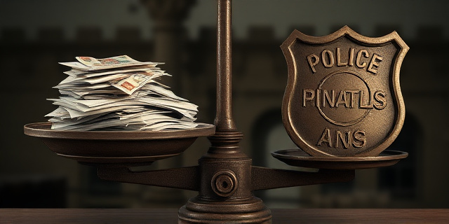 Una balanza antigua y oxidada. En un plato, una montaña de papeles y sellos. En el otro, un escudo policial desgastado. El fondo, una ciudad oscura y difuminada. Estilo pictórico, realista, tonos sepia y grises.