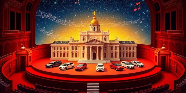 Ilustración surrealista: Una miniatura del Palacio de la Moncloa sobre una plataforma de conciertos, con una comitiva de vehículos de juguete a su alrededor. El fondo es un cielo estrellado con notas musicales flotando. Estilo artístico: Pop Art vibrante, colores saturados.