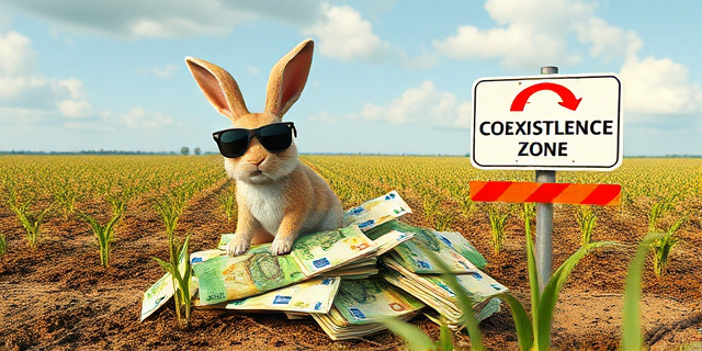 Una ilustración satírica y conceptual. Un campo de cultivo devastado donde un conejo con gafas de sol y actitud arrogante descansa sobre una pila de billetes de euros, mientras al fondo se ve un cartel oficial con lenguaje burocrático que dice 