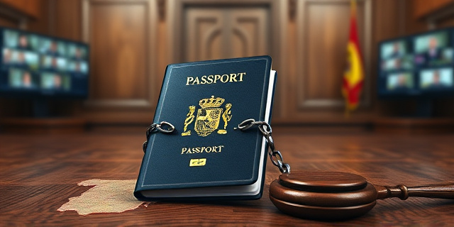 Una ilustración conceptual y satírica que muestra un pasaporte gigante encadenado a un escritorio de madera antigua de juzgado, con un fondo de pantallas de videollamada borrosas y un mazo de juez flotando sobre un mapa de España, estilo editorial de revista política, colores sobrios con contrastes fuertes.