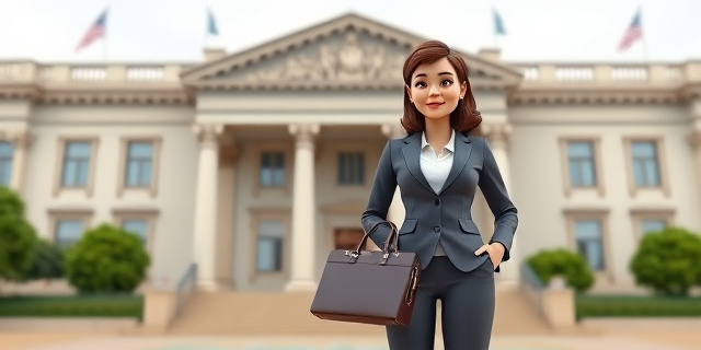 Una mujer de negocios sonriente y confiada, con un traje de chaqueta y una carpeta en la mano, de pie frente a un edificio gubernamental, con un fondo de dinero y tarjetas de crédito