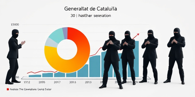 Una imagen de un gráfico que muestra el gasto público de la Generalitat de Cataluña, con una gran parte destinada a sanidad y educación, mientras que un grupo de personas vestidas de negro y con máscaras intentan tapar la información