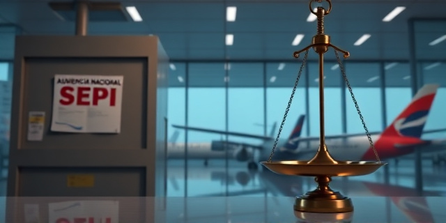 Ilustrar una escena en la que una oficina gubernamental con carteles de “SEPI” y “Audiencia Nacional” se mezcla con un aeropuerto de fondo, mostrando documentos fiscales y una balanza que inclina a favor de la aerolínea, sin caras reconocibles, con colores sobrios y luz tenue.