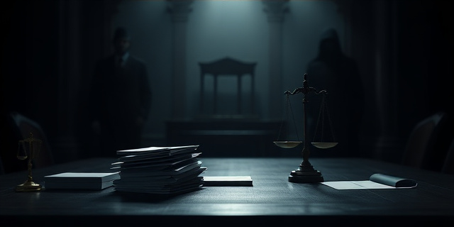 Una mesa de tribunal sombría, iluminada por un único foco. En la mesa, papeles amontonados y una balanza de la justicia ligeramente inclinada. En el fondo, siluetas difuminadas que representan la burocracia y el poder. Estilo pictórico oscuro, reminiscente del expresionismo alemán.