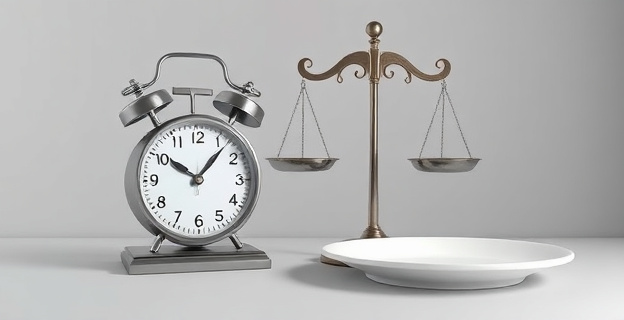 Una báscula junto a un reloj y un plato vacío, simbolizando el control del tiempo y la alimentación