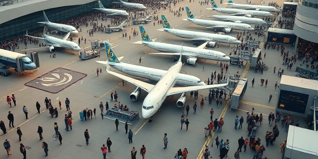 Vista aérea de un aeropuerto internacional vibrante, líneas de aviones despegando y aterrizando, con multitud de viajeros de diversas procedencias, sombras que sugieren tensión migratoria, colores neutros y composición dinámica que transmite movimiento y incertidumbre.
