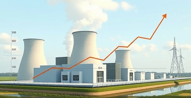 Imagen de una central nuclear en funcionamiento con una gráfica superpuesta que muestra la subida del precio del gas y un titular que refleja la importancia de la energía nuclear en el contexto actual.