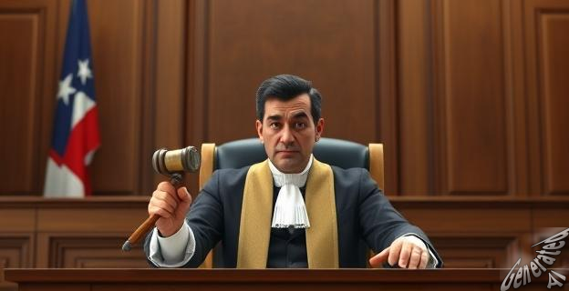 Un juez con toga y martillo en una sala de tribunal, con Álvaro García Ortiz sentado en el banquillo de los acusados.