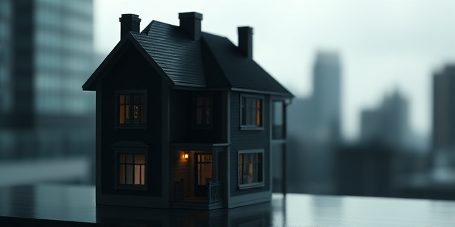 Una imagen conceptual que represente una casa de muñecas de lujo con una sombra oscura proyectándose sobre ella, simbolizando la corrupción y la influencia oculta. El estilo debe ser realista, con iluminación dramática y colores apagados. Fondo borroso que sugiera una ciudad moderna.