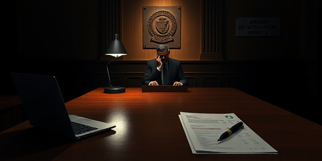 Un despacho judicial con luz tenue, una mesa de madera gastada, una computadora portátil con un documento abierto. En la esquina, una lámpara de escritorio proyecta una sombra que se parece a un sello de dictadura. No se ve a nadie, solo la silueta de un juez con la mano en la mejilla, y un par de papeles sobre la mesa que parecen pagar una factura de 15.000 euros, con marcas de tinta y una pluma que parece una pistola. La atmósfera es de tensión y burocracia, con un letrero que dice “Juzgado de Instrucción Número 5”.
