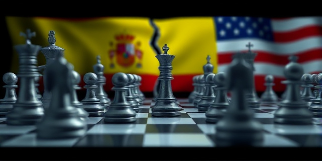 Una representación abstracta de un tablero de ajedrez con piezas militares en posiciones estratégicas. Colores fríos y tonos grises dominan la escena, simbolizando la tensión y la estrategia. En el fondo, una bandera parcialmente visible con los colores de España y Estados Unidos, con una fisura que las separa. Estilo hiperrealista, iluminación dramática y enfoque en la textura de las piezas y el tablero.
