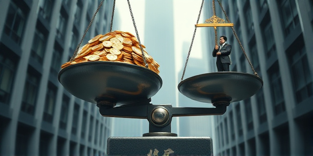 Una ilustración conceptual y satírica. Una balanza gigante de justicia donde en un plato hay una montaña colosal de monedas de oro y billetes, y en el otro plato, una pequeña figura humana vestida de funcionario, siendo superada por el peso del dinero. Fondo arquitectónico chino moderno y gris, estilo editorial de periódico, colores contrastados, atmósfera fría y severa.