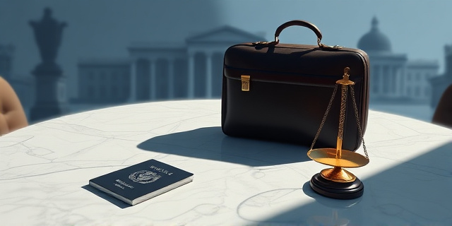 Una ilustración conceptual de estilo editorial. Un pasaporte y un maletín de cuero sobre una mesa de mármol fría, con una sombra proyectada que sugiere una balanza de la justicia desequilibrada. Al fondo, la silueta arquitectónica de una universidad clásica fundiéndose con un entorno de oficina gubernamental moderna, tonos grises, azules profundos y un toque de dorado irónico.