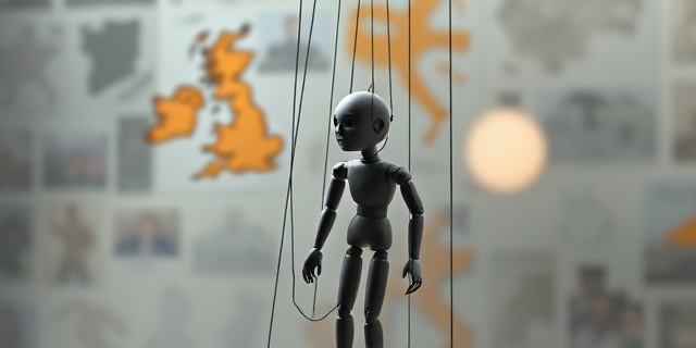 Una marioneta con los hilos cortados, sobre un fondo que simula un mapa político europeo desdibujado. Estilo pictórico, colores grises y ocres, iluminación dramática. Transmitir sensación de fragilidad y control perdido.