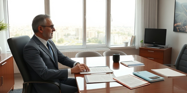 Un empresario aragonés sentado en una sala de reuniones con un exministro, rodeados de papeles y documentos, con una ventana con vistas a la ciudad