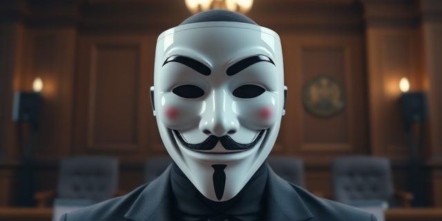 Una imagen de una persona con una máscara de anonimato, con un fondo de un juzgado o un tribunal, simbolizando la lucha por la justicia y la protección de las víctimas de violencia de género.