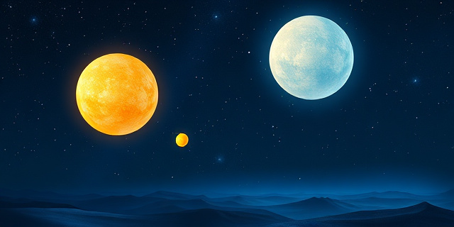 Paisaje nocturno abstracto con dos esferas brillantes de diferentes tamaños y colores (uno dorado, otro blanco azulado) acercándose gradualmente en un cielo profundo y estrellado. Estilo pictórico, con pinceladas sueltas y colores vibrantes. Ambiente onírico y melancólico.