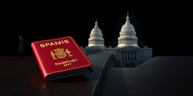 Una ilustración conceptual y satírica. Un pasaporte español antiguo y elegante sobre una mesa de madera oscura, pero el pasaporte está siendo utilizado como puente sobre un abismo. De un lado del abismo hay sombras de figuras sospechosas con maletines y actitud clandestina, y del otro lado el perfil del Capitolio de Estados Unidos bajo una luz de interrogatorio. Estilo editorial de revista política, colores contrastados, atmósfera de intriga y espionaje.