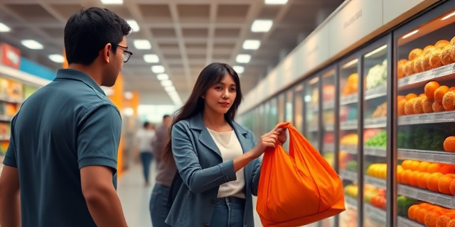 Un supermercado iluminado con luces suaves, una fila de clientes. Una mujer con una bolsa de naranjas rota mira al frente. Un hombre con una pulsera de un partido político se acerca, recoge las naranjas, ayuda a la mujer y se aleja sin gestos nada grandiosos. La escena transmite una mezcla de sorpresa, cordialidad inesperada y un toque de ironía urbana.