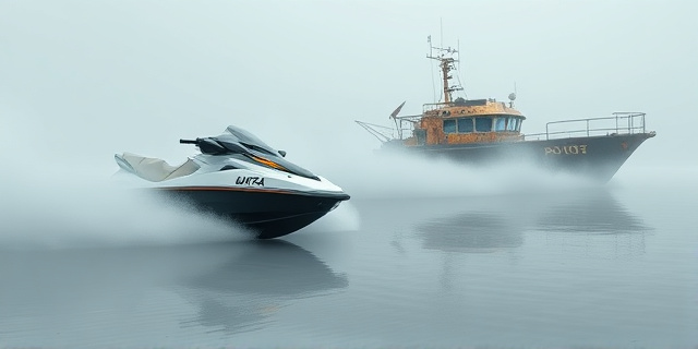 Una ilustración satírica y conceptual que muestra una moto de agua moderna y ultra rápida surcando un mar de niebla espesa, mientras que al fondo se ve una lancha patrullera antigua y oxidada, detenida y con herramientas de mecánico a su alrededor. Estilo editorial de periódico, colores contrastados, atmósfera de ironía y tensión.