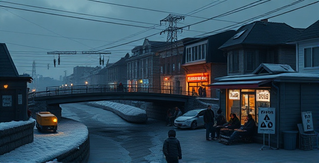 Una ciudad en penumbra bajo cero grados, con generadores iluminando tiendas y hogares a la espera de la electricidad. Un puente dañado sobre un canal helado y cables rotos, mientras personas se apiñan en refugios comunitarios con mantas y kits de emergencia. Al fondo, un cielo gris y frío, con nieve en el suelo y cables colgando.