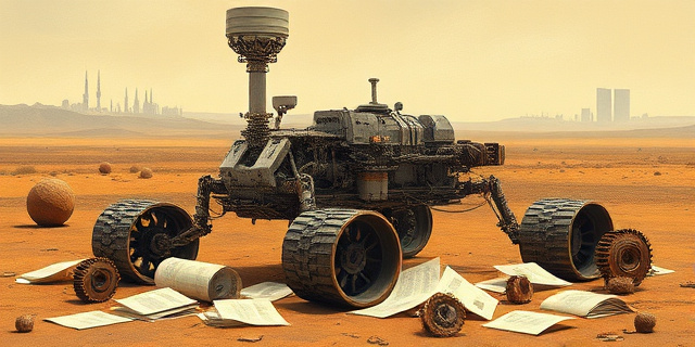 Representación surrealista de un robot explorador marciano desmantelado, rodeado de papeles burocráticos y engranajes oxidados. Fondo: un paisaje desértico con la silueta de edificios corporativos al horizonte. Estilo pictórico: óleo impresionista con tonos ocres y grises.