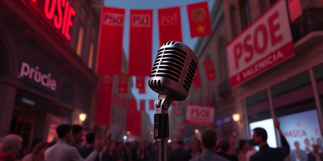Una escena política en Valencia con luces de neón, un micrófono de viejo estilo, banderas del PSOE y la derecha flotando en el fondo, sin rostros reales, estilo surrealista con sombras y contrastes dramáticos