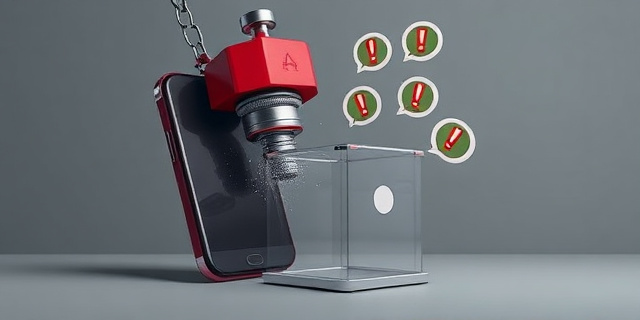 Una ilustración conceptual y satírica. Un teléfono inteligente gigante que actúa como una prensa hidráulica, aplastando una pequeña urna electoral de cristal. Del teléfono salen burbujas de chat de WhatsApp con signos de exclamación rojos. Fondo gris burocrático, estilo editorial de revista política, colores fríos con contrastes en rojo.