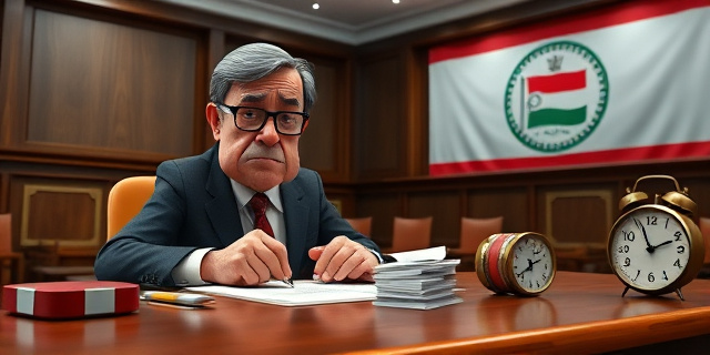 Una sala de audiencias con un político cansado firmando papeles, una pila de billetes al lado, un reloj marcando las horas, un banner con el logo de un partido político en el fondo, lluvia golpeando el vidrio, atmósfera tensa y expectante.
