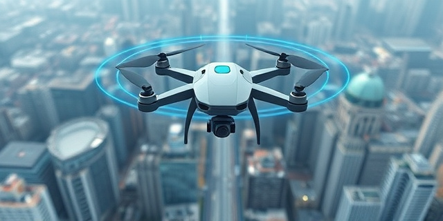 Una ilustración conceptual de un dron pequeño y gris flotando sobre una ciudad moderna, rodeado de un aura digital azul que representa sensores de proximidad. Estilo artístico digital, limpio, con enfoque en la tecnología compacta y el contraste entre el tamaño pequeño del dron y la inmensidad de la ciudad.