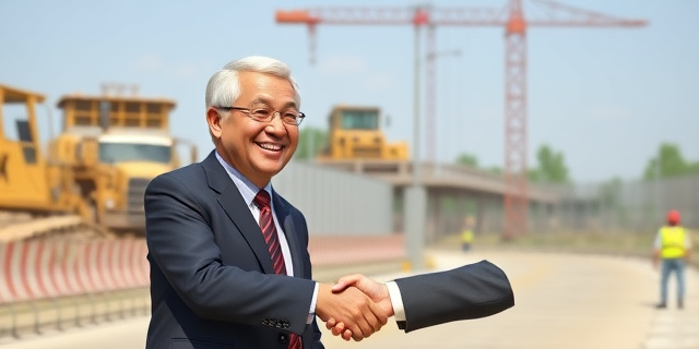 Un político sonriente estrecha la mano de un empresario, mientras detrás de ellos se ve una gran obra pública en construcción, con una pantalla acústica en el centro.