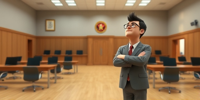 Una sala de juzgado vacía con mesas y sillas, pero sin ordenadores. Un funcionario con los brazos cruzados, mirando al techo con frustración.