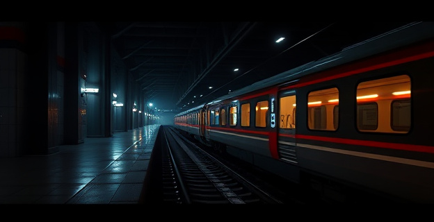 Una imagen de una estación de tren en penumbra, con luces de neón reflejadas en los rieles, mientras un tren pasa a gran velocidad en el fondo, con un ambiente de tensión y riesgo.