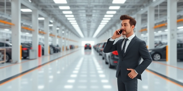 Una fábrica de coches vacía y un hombre con traje hablando por teléfono