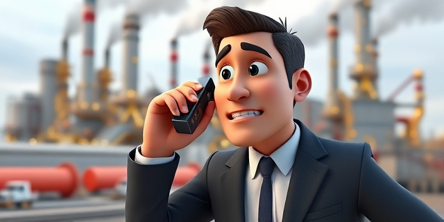 Un hombre con un traje y corbata hablando por teléfono, con una expresión de sorpresa en su rostro. Al fondo, una imagen de una refinería de petróleo.