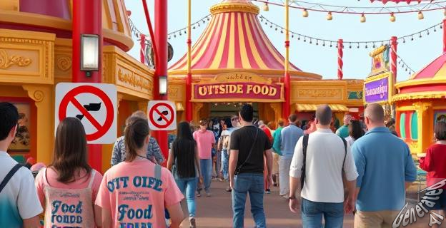 Imagen de personas en un parque temático con carteles de prohibido entrar con comida
