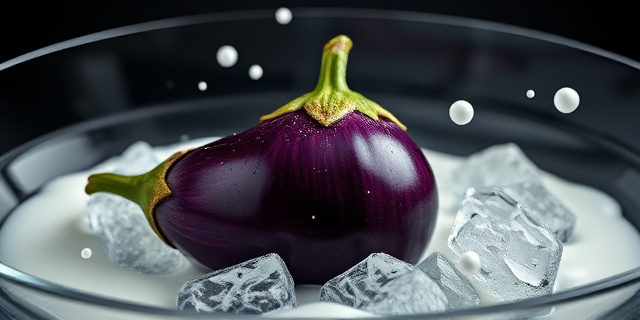 Una composición artística y surrealista de una berenjena sumergida en un cubo de hielo con gotas de leche blanca flotando alrededor, estilo fotografía gastronómica de alta gama, fondo oscuro y dramático, iluminación cinematográfica, contrastes fuertes entre el violeta de la hortaliza y el blanco puro.