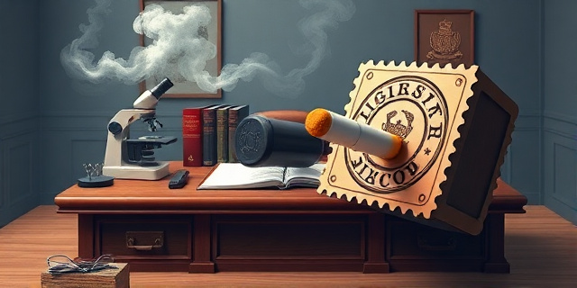 Una ilustración conceptual y satírica. Un escritorio ministerial dividido por la mitad: en un lado hay un microscopio y libros de ciencia que muestran una nube de humo tóxico siendo eliminada; en el otro lado, un sello oficial gigante que aplasta indiscriminadamente tanto un cigarrillo tradicional como un dispositivo electrónico moderno, tratándolos como si fueran el mismo objeto. Estilo editorial de revista, colores contrastados, atmósfera de oficina burocrática fría.