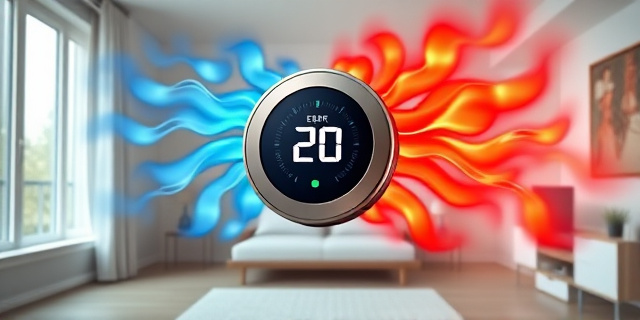 Una ilustración conceptual y satírica de un termostato digital moderno flotando sobre una moneda de un euro, rodeado de ráfagas de aire frío azul y ondas de calor rojo intenso en un apartamento urbano minimalista, estilo editorial moderno, colores contrastados.