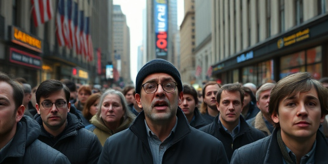 Una imagen de una multitud de personas reunidas en Wall Street, con rostros de preocupación y desesperación, mientras el mercado de valores cae en picado.